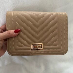 Beige Quilted Chevron Crossbody Bag with Gold Hardware